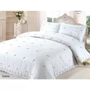 Image of Sophie Duvet Quilt Cover Floral Lace Trim Embroidered Bed Set, Polyester-Cotton, White, Single - White