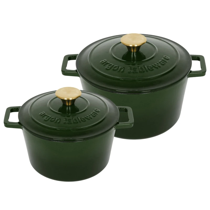 Image of Argon Tableware 2pc Round Cast Iron Casserole Dish Set - 2.8L / 4.5L Cookware with Lid in Green Green Unisex