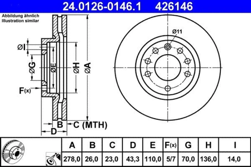 Image of ATE 24.0126-0146.1 Brake disc Vented, Coated, Alloyed/High-carbon Brake Disc (82)