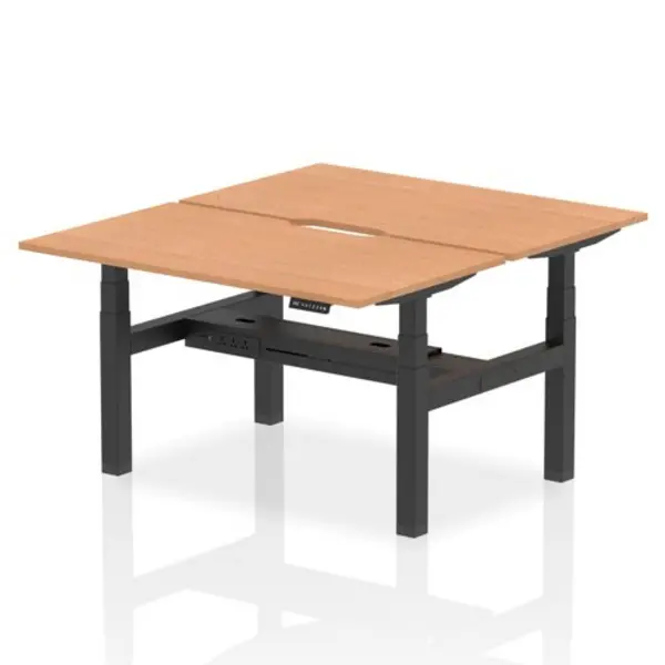 Image of Air Air Back-to-Back 1400 x 800mm Height Adjustable 2 Person Bench Desk Oak Top with Scalloped Edge Black Frame HASSE2P14800OAKB