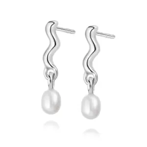 Image of Daisy London 925 Sterling Silver Treasures Wave Seed Pearl Stud Earrings Sterling Silver