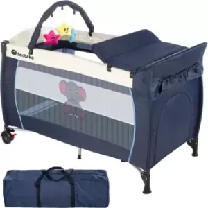 Tectake Travel Cot Elephant 132X75X104cm With Changing Mat Play Bar & Carry Bag Blue