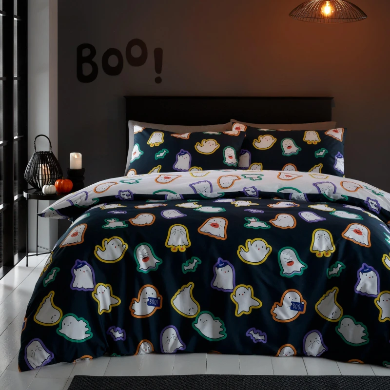 Image of Catherine Lansfield Halloween Ghosts Duvet Cover and Pillowcase Set Black