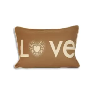 Image of Lovehearts Applique Wool Boudoir Cushion Cover, Caramel, 35 x 50 Cm - Paoletti