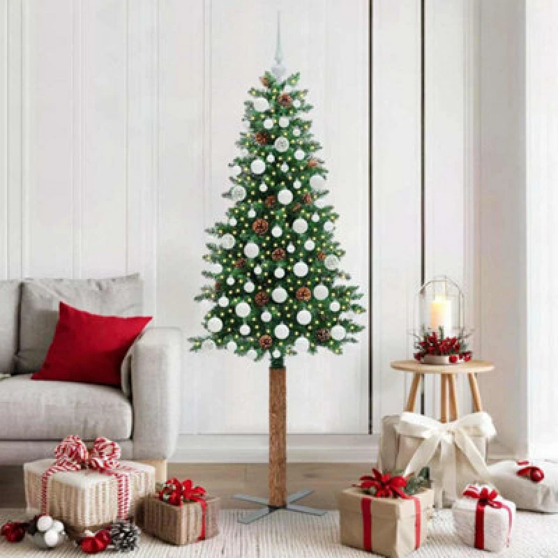 Image of vidaXL Slim Christmas Tree with White Balls Green 180cm PVC and Solid Pine wood, Green 3394867