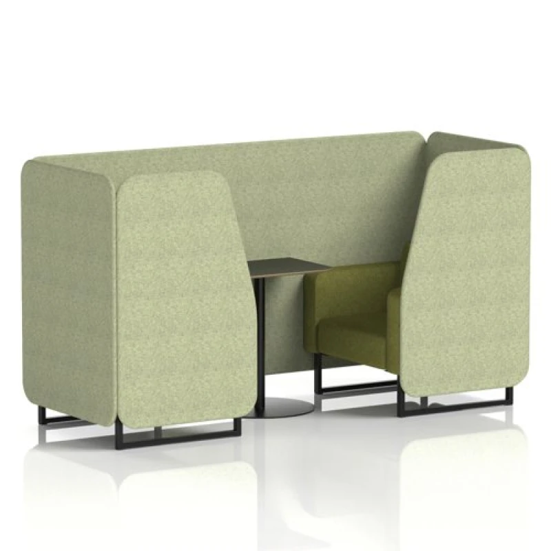Image of Brixworth 2 Seater Office Booth with Front Panel - Black Legs and Black Table with Black Leg in Rivet Fabric - Burnish Panels and Olive Sofa
