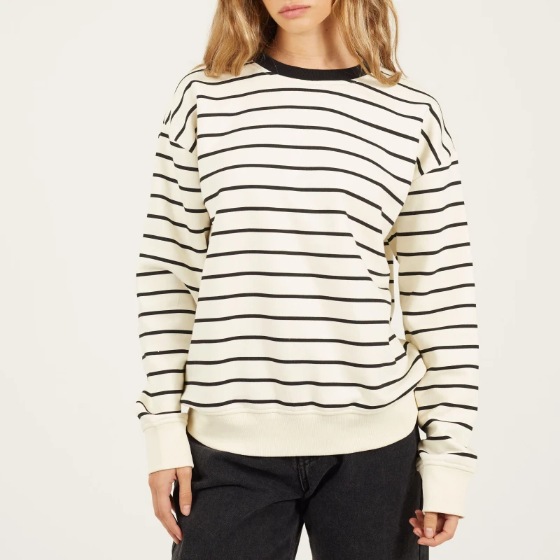 Image of Brave Soul BS Womens Crew Neck Striped Sweatshirt with Contrast Neck Cream/Black female 10 (S)