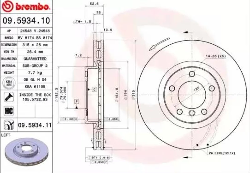 Image of BREMBO 09.5934.11 Brake disc internally vented, Coated, with bolts/screws Brake Disc (82)
