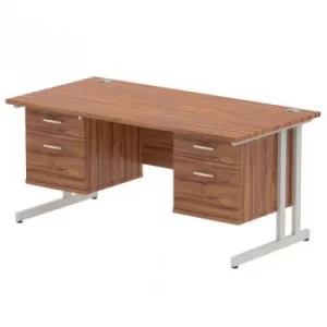 Image of Impulse 1600 Rectangle Silver Cant Leg Desk WALNUT 2 x 2 Drawer Fixed Ped