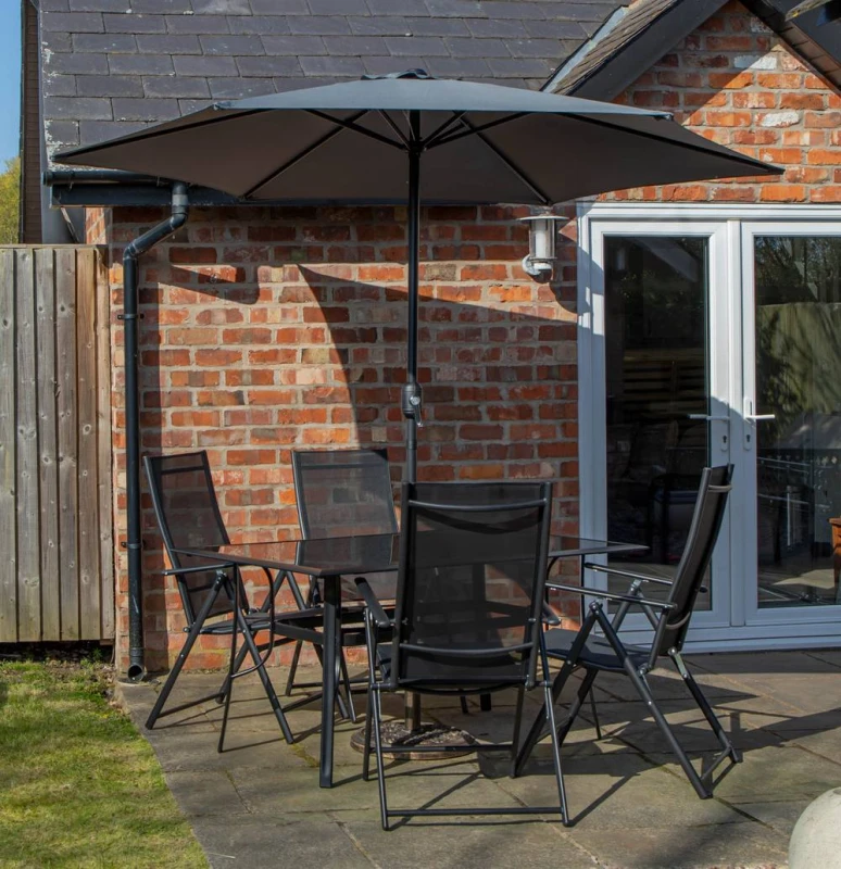 Image of Samuel Alexander Outdoor 4 Person Glass Top Garden Table Chairs, Havana Parasol & Base in Grey Grey Unisex 4 Person