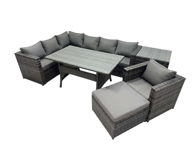 Image of Fimous Outdoor PE Rattan Sofa Set with with Chair Big Stool Side Table in Dark Grey Dark Grey Unisex