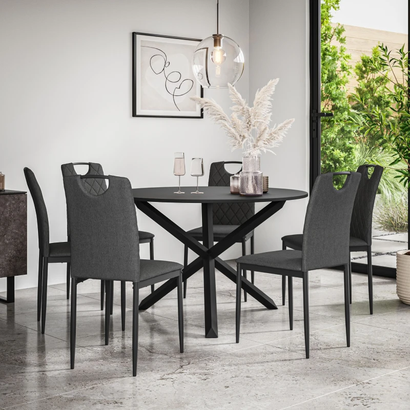 Image of More4Homes Malvern Round Dining Table And Chairs - Black Table Top W Solid Oak Black Legs + Monza Fabric Dining Chair Set Of 6 (Charcoal)