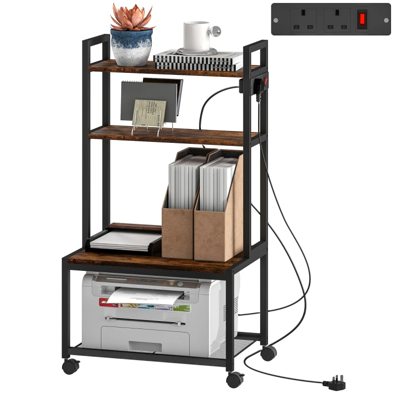 Image of HOMCOM HOMCOM 4-Tier Mobile Printer Stand with Power Outlets for Home Office in Brown Brown One Size Unisex 5063603876088