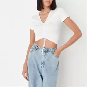 Missguided V Neck Ruched Front Knit Crop Top - White