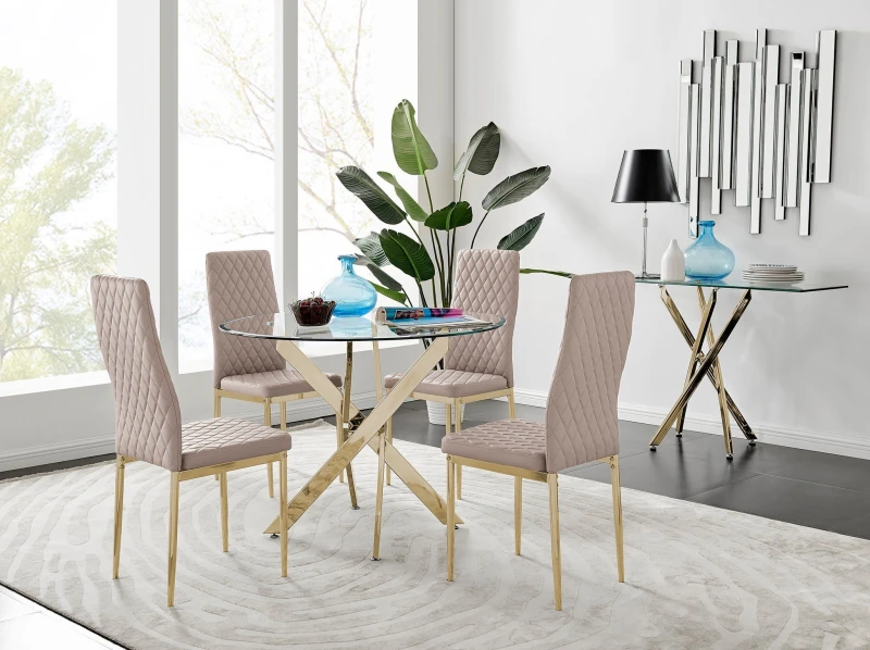 Image of FurnitureboxUK FurnitureboxUK Novara 100cm Round Tempered Glass Dining Table with Gold Legs & 4 Milan Faux Leather Chairs in Beige Beige One Size Unis