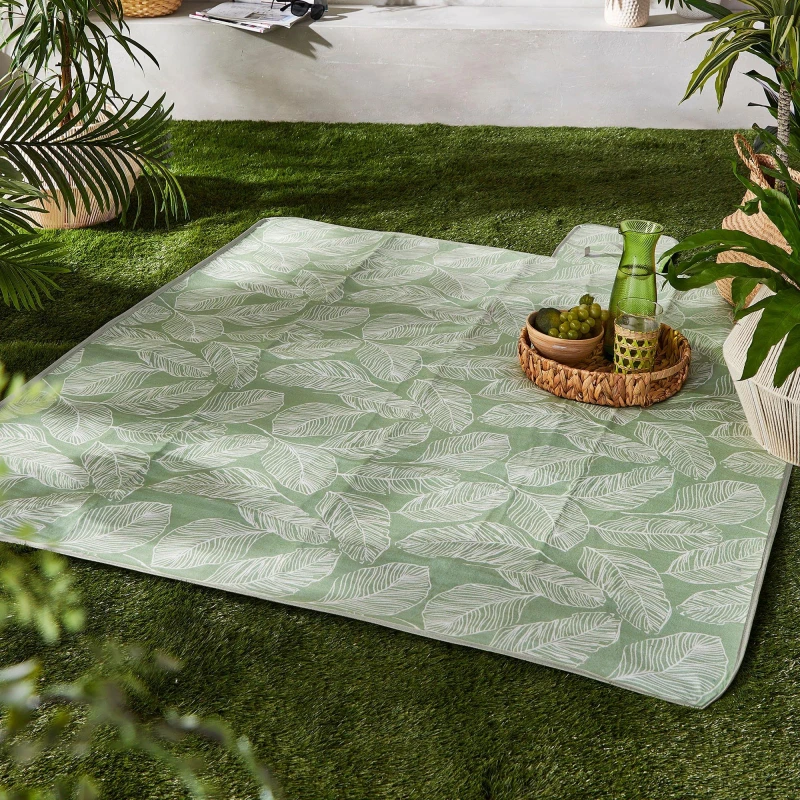 Image of Fusion 'Matteo' Leaf Print Waterproof Backed Picnic Blanket Green