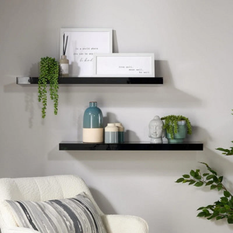 Image of Home Source Cloud Pair Of 80Cm Gloss Floating Wall Shelves Black