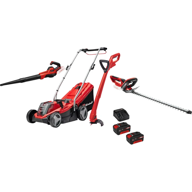 Image of Einhell GE-CM 18v Cordless Rotary Lawnmower, Blower, Grass and Hedge Trimmer Kit 2 x 4ah Li-ion Battery Charger GE-CMKIT3