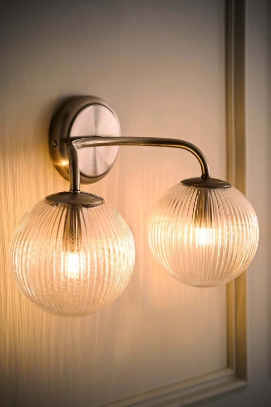 Image of ValueLights Kempton Ribbed Glass Globe Shade 2 Arm Wall Light with Bulbs in Silver Silver Unisex