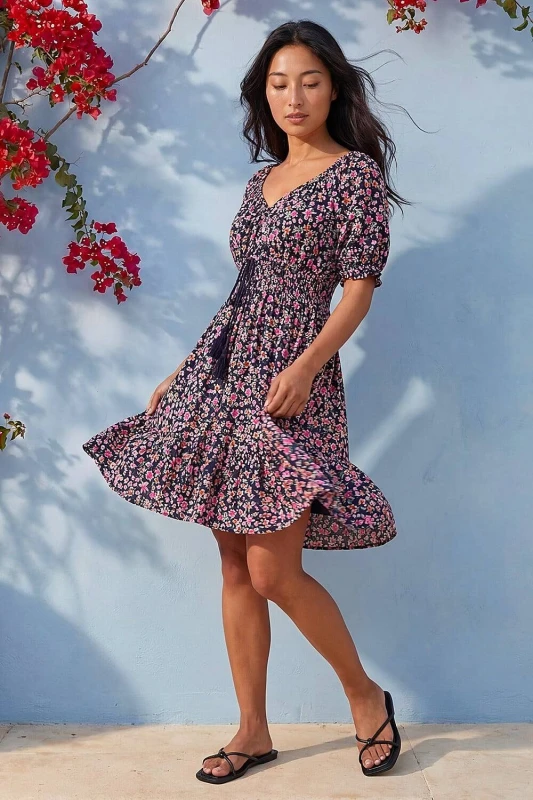 Image of Roman Womens Petite Ditsy Floral Print Frill Dress in Navy Size: 18 Navy Female 18