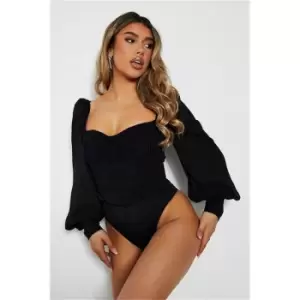 image of I Saw It First Black Ruched Front Puff Sleeve Bodysuit - Black