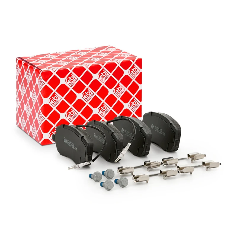 Image of FEBI BILSTEIN 16827 Brake pad set Front Axle, incl. wear warning contact, with bolts/screws Brake Pad Set,disc brake (402)