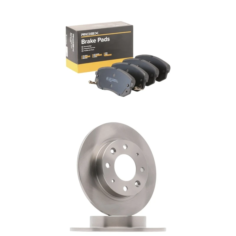 Image of RIDEX 3405B3277 Brake disc and pads set Front Axle, Brake Disc Type: Solid, with acoustic wear warning Brake Set,disc brakes (3405)