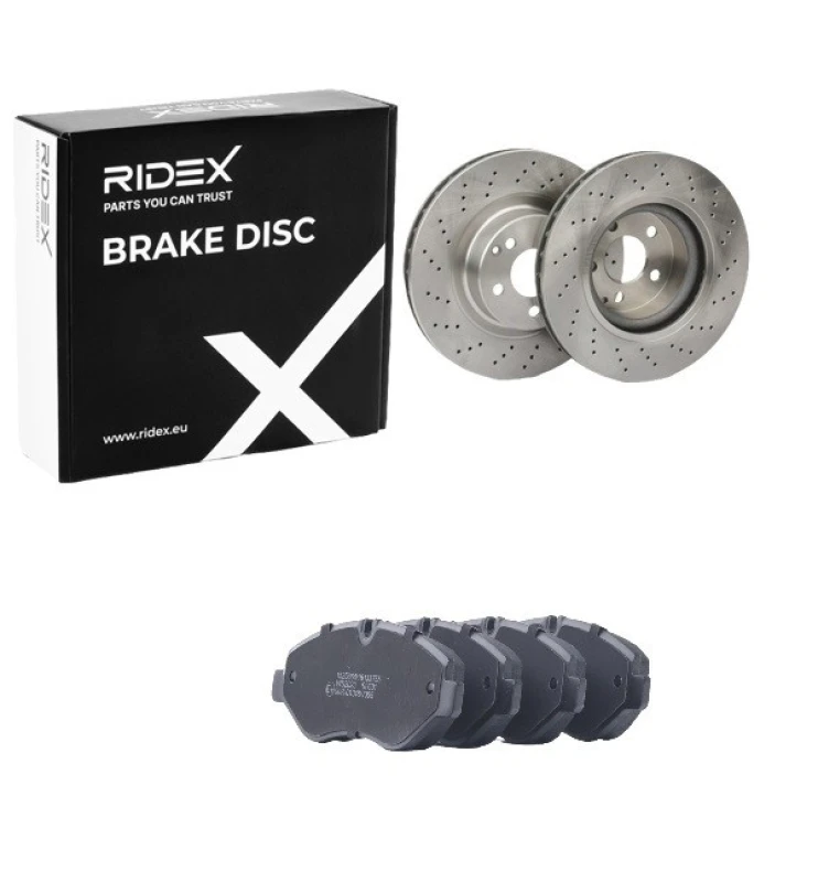 Image of RIDEX 3405B2819 Brake disc and pads set Front Axle, Brake Disc Type: perforated/vented, prepared for wear warning indicator Brake Set,disc brakes (34