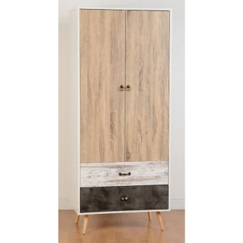 Nordic 2 Door 2 Drawer Wardrobe White & Distressed Scandinavian Style - Seconique