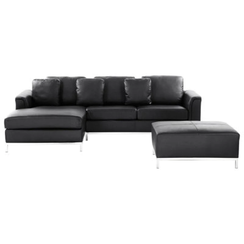 Image of Beliani Corner Sofa 5 Seater Oslo Leather Black With Ottoman Right Hand
