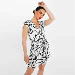 image of I Saw It First Abstract Print Frill Tie Waist Satin Mini Dress - White