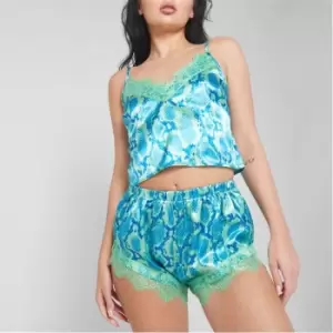 image of Missguided Snake Print Satin Cami and Shorts Pyjama Set - Green