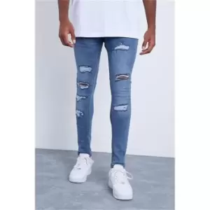 I Saw It First Mid Wash Heavy Distressed Skinny Jeans - Blue