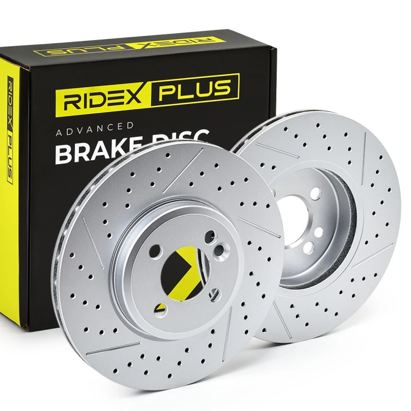Image of RIDEX PLUS 82B0879P Brake disc Front Axle, slotted/perforated, Grey Cast Iron, Coated, High-carbon, without bolts/screws Grey Cast Iron Brake Disc (82