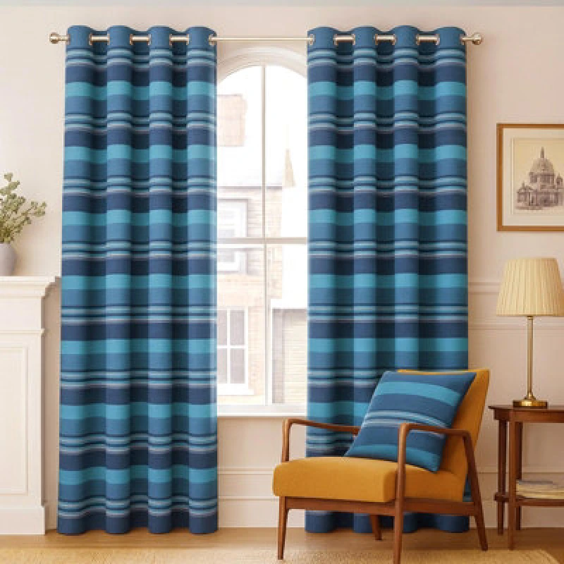 Image of Homescapes Cotton Morocco Striped Blue Curtains 167 X 228 Cm
