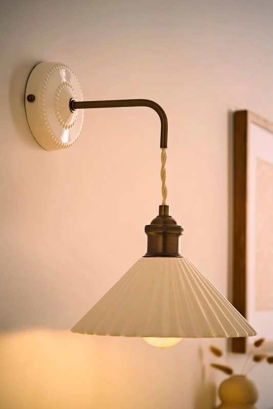 Image of ValueLights Burford White Ceramic Ribbed Adjustable Drop Wall Light with Bulb in Cream Cream Unisex