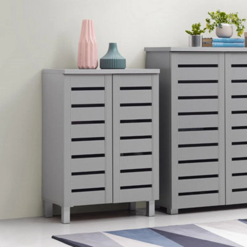 Image of Timber Art Design 4 Tier Shoe Storage Cabinet 2 Door Cupboard Stand Rack Unit Light Grey