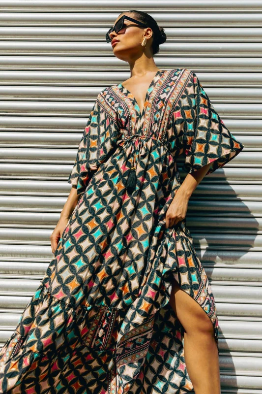 Image of Roman Womens Geo Print V-Neck Frill Maxi Dress Size: 10 Multicolor Female 10