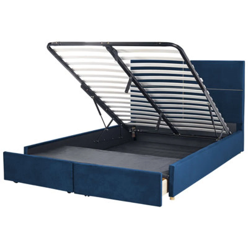 Image of Beliani Ottoman Bed Velvet Vernoyes 180 X 200 Cm (Eu Super King) Navy Blue