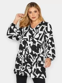 Image of Yours Balloon Sleeve Pleat Front Aop Geo - Black/White, Size 14, Women