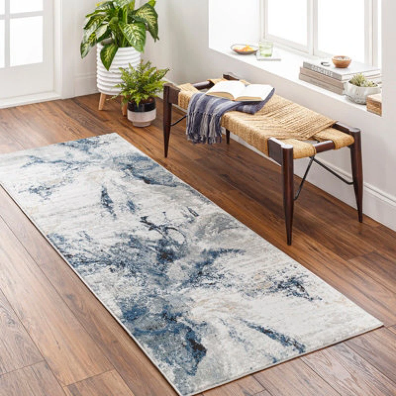 Image of Livabliss Jolie-Abstract Blue Gray Beige Burgundy Moderne Marble Living Dining Bedroom Rug in Dark Blue Size: 80cm x 220cm Dark Blue Unisex 80 cm