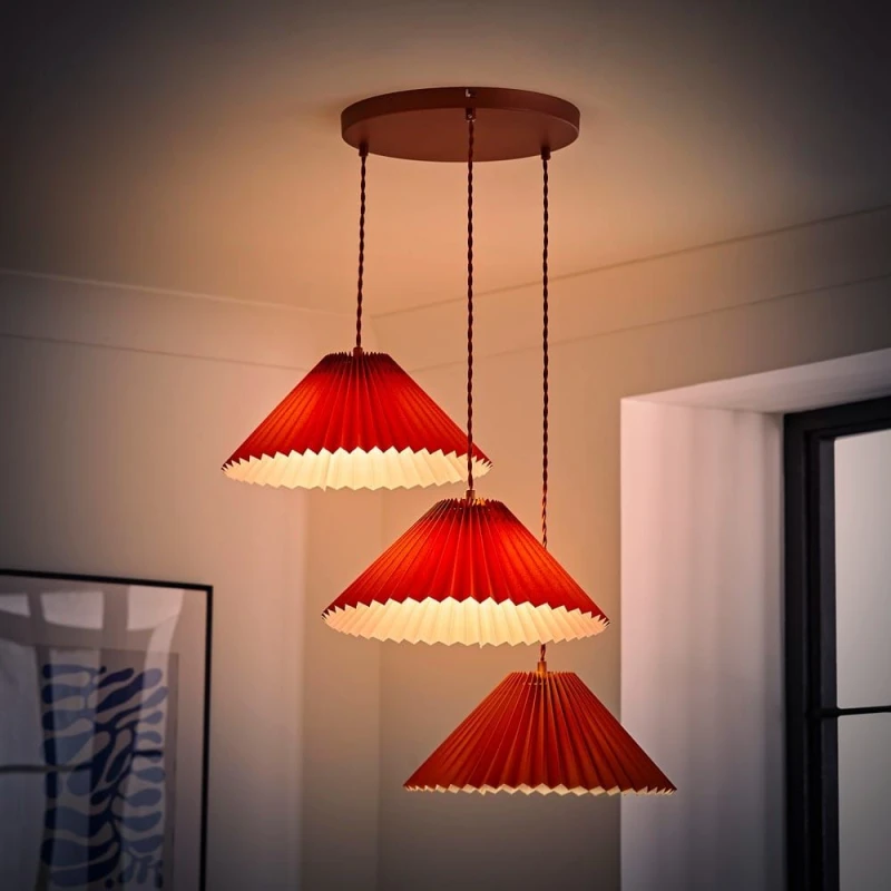 Image of ValueLights Akira Pleated 3 Way Triple Drop Ceiling Pendant Light with LED Bulbs Burnt Orange