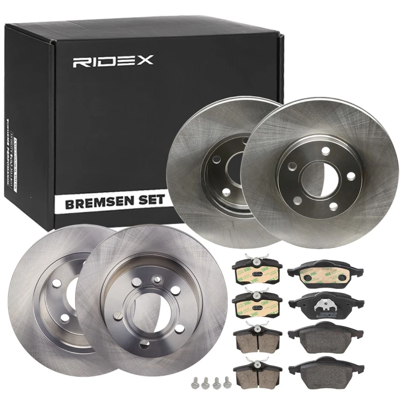 Image of RIDEX 3405B0381 Brake disc and pads set Front Axle, Brake Disc Type: Vented, excl. wear warning contact Brake Set,disc brakes (3405)