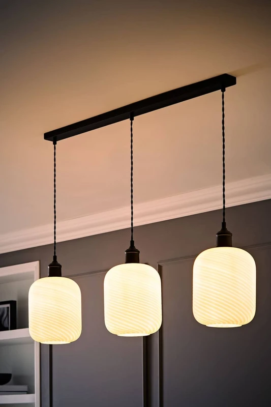 Image of ValueLights Emery Frosted Swirl Glass 3 Drop Black Diner Ceiling Light & Bulbs in White White Unisex