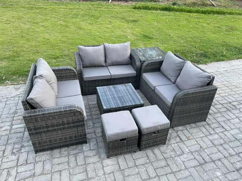 Image of Fimous Outdoor Garden Furniture Sets 8 Seater Wicker Rattan Furniture Sofa Sets with Square Coffee Table Love seat Sofa 2 Small Footstools Dark Grey