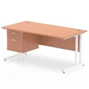 Image of Impulse 1600 Rectangle White Cant Leg Desk Beech 1 x 2 Drawer Fixed