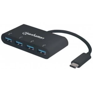 Image of Manhattan USB-C 4-Port Hub/Dock USB-C to 4x USB-A Ports 5 Gbps (USB 3.2 Gen1 aka USB 3.0) Bus Power Cable 20cm SuperSpeed USB Black Three Year Warrant