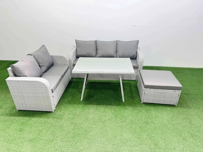 Image of Fimous Rectangular Dining Table Sofa Set with Big Stool Light Grey Light Grey Unisex