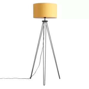 image of Aero Hairpin Black Tripod Floor Lamp with XL Mustard Reni Shade