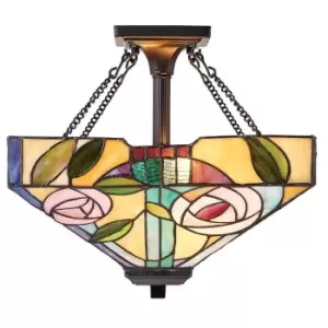 image of Tiffany Glass Hanging Low Ceiling Light Pink Rose Inverted Square Shade i00162